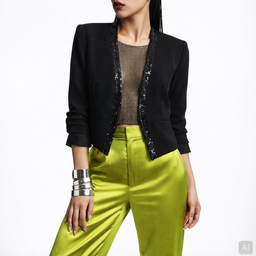 XXI Cropped Blazer Small Black Y2K Glam Edgy Clubwear Night Out - Picture 3 of 13